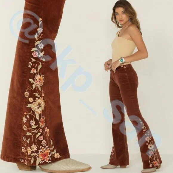 Free People x Driftwood Farrah Embroidered Cord Jeans Sz 28 - Picture 3 of 15